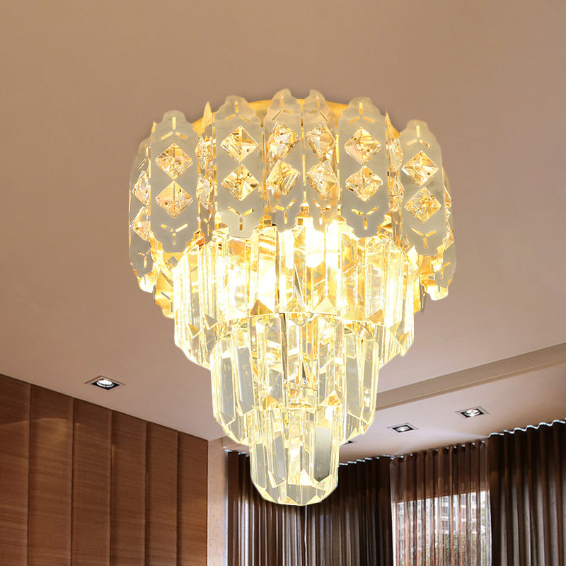 Modern Gold Crystal Prism Semi-Mount Ceiling Fixture With Layered Tapered Design
