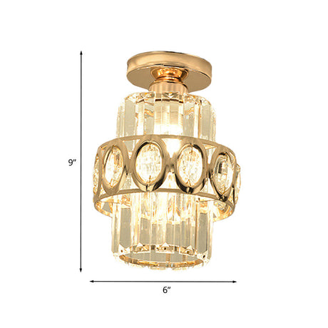 Modern 1-Light Cylinder Crystal Flush Ceiling Light In Gold With Circlet/Leaf Guard