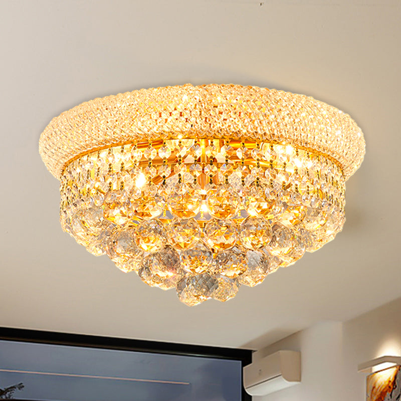 Vintage Gold Cut Crystal Ceiling Light With 6-Bulb Cone Flush Mount For Bedroom