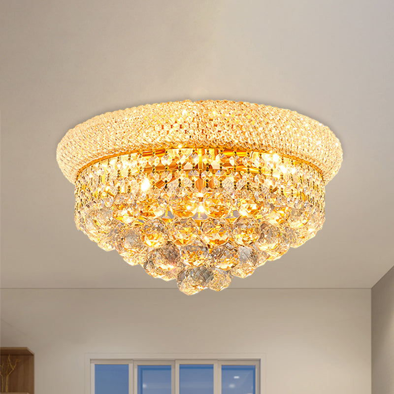 Vintage Gold Cut Crystal Ceiling Light With 6-Bulb Cone Flush Mount For Bedroom