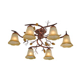 Rural Amber Glass 6-Head Semi-Flush Chandelier With Pinecone Decoration For Dining Room Ceiling