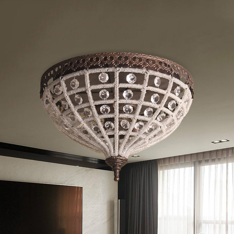 Antiqued Bronze Domed Cage Flush Mount Lamp With 2-Light Crystal Bead Ceiling Fixture
