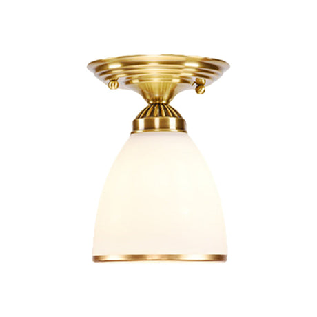 Classic 1-Light Glass Flush Mount Lamp In Brass - Globe/Cone Design For Corridor Ceiling Lighting