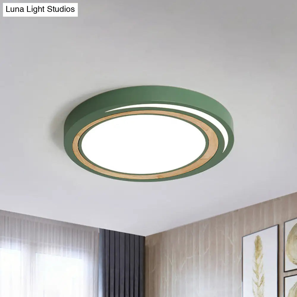 Acrylic Led Drum Ceiling Light For Kids’ Bedroom With Wood Ring - White/Pink/Green Flush Mount