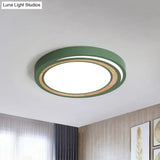 Acrylic Led Drum Ceiling Light For Kids’ Bedroom With Wood Ring - White/Pink/Green Flush Mount