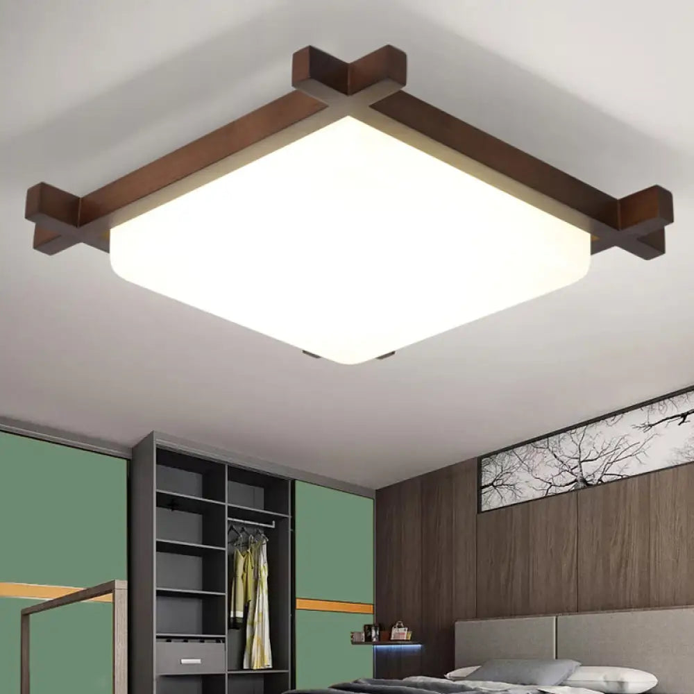 Acrylic Nordic Style Led Square Bedroom Flush Ceiling Light Fixture With Wood Finish