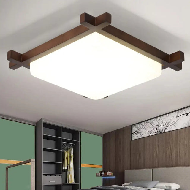 Acrylic Nordic Style Led Square Bedroom Flush Ceiling Light Fixture With Wood Finish
