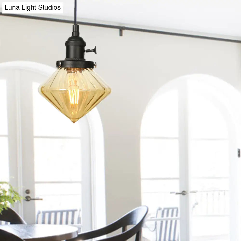 Adjustable Height Industrial Pendant Light With Diamond Glass Shade - Black/Bronze/Brass Finish