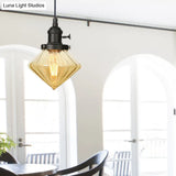 Adjustable Height Industrial Pendant Light With Diamond Glass Shade - Black/Bronze/Brass Finish