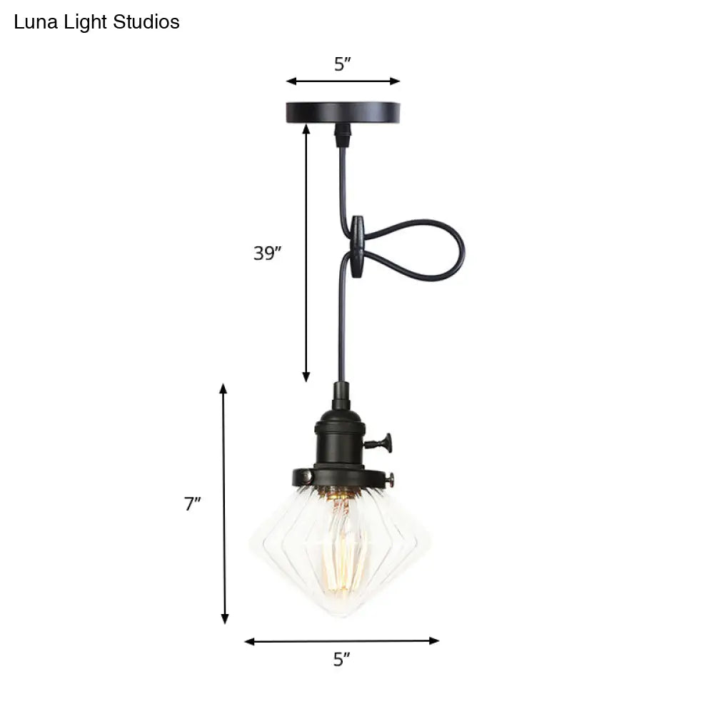 Adjustable Height Industrial Pendant Light With Diamond Glass Shade - Black/Bronze/Brass Finish