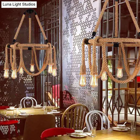 Adjustable Industrial Rope Chandelier - 6 Lights Beige Ceiling Fixture