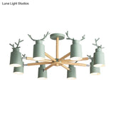 Adjustable Nordic Chandelier Light With Metal Antler Design Cylindrical Shade And Wooden Arm