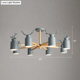 Adjustable Nordic Chandelier Light With Metal Antler Design Cylindrical Shade And Wooden Arm
