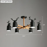 Adjustable Nordic Chandelier Light With Metal Antler Design Cylindrical Shade And Wooden Arm