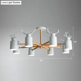 Adjustable Nordic Chandelier Light With Metal Antler Design Cylindrical Shade And Wooden Arm