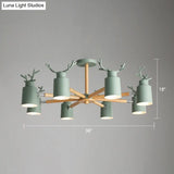 Adjustable Nordic Chandelier Light With Metal Antler Design Cylindrical Shade And Wooden Arm