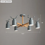 Adjustable Nordic Chandelier Light With Metal Antler Design Cylindrical Shade And Wooden Arm