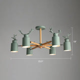 Adjustable Nordic Chandelier Light With Metal Antler Design Cylindrical Shade And Wooden Arm 6 /