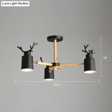 Adjustable Nordic Chandelier Light With Metal Antler Design Cylindrical Shade And Wooden Arm