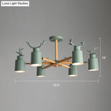Adjustable Nordic Chandelier Light With Metal Antler Design Cylindrical Shade And Wooden Arm