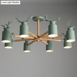 Adjustable Nordic Chandelier Light With Metal Antler Design Cylindrical Shade And Wooden Arm