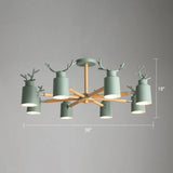 Adjustable Nordic Chandelier Light With Metal Antler Design Cylindrical Shade And Wooden Arm 8 /