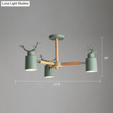 Adjustable Nordic Chandelier Light With Metal Antler Design Cylindrical Shade And Wooden Arm