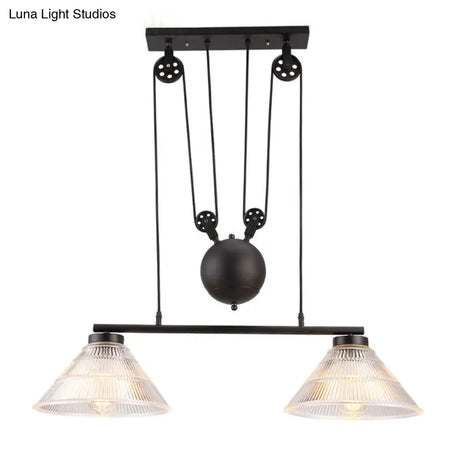 Adjustable Pulley Industrial Cone Pendant With Prismatic Glass - Black 2/3-Light Island Lamp