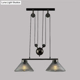 Adjustable Pulley Industrial Cone Pendant With Prismatic Glass - Black 2/3-Light Island Lamp