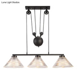 Adjustable Pulley Industrial Cone Pendant With Prismatic Glass - Black 2/3-Light Island Lamp