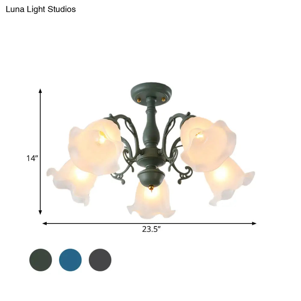 Adjustable Semi Flush American Flower Chandelier - 3/5 Bulbs Ruffled Design Grey/Blue/Green Matte
