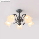 Adjustable Semi Flush American Flower Chandelier - 3/5 Bulbs Ruffled Design Grey/Blue/Green Matte