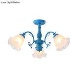 Adjustable Semi Flush American Flower Chandelier - 3/5 Bulbs Ruffled Design Grey/Blue/Green Matte