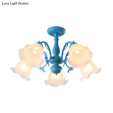 Adjustable Semi Flush American Flower Chandelier - 3/5 Bulbs Ruffled Design Grey/Blue/Green Matte