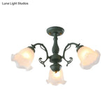 Adjustable Semi Flush American Flower Chandelier - 3/5 Bulbs Ruffled Design Grey/Blue/Green Matte
