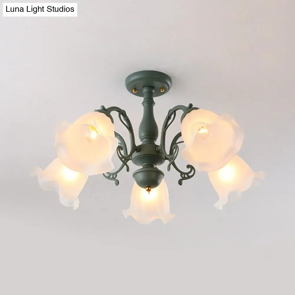 Adjustable Semi Flush American Flower Chandelier - 3/5 Bulbs Ruffled Design Grey/Blue/Green Matte