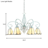 Adjustable Stained Glass Cone Pendant Chandelier With Metal Chain - 6/8 Lights In White Traditional