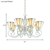 Adjustable Stained Glass Cone Pendant Chandelier With Metal Chain - 6/8 Lights In White Traditional