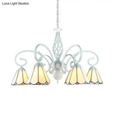 Adjustable Stained Glass Cone Pendant Chandelier With Metal Chain - 6/8 Lights In White Traditional