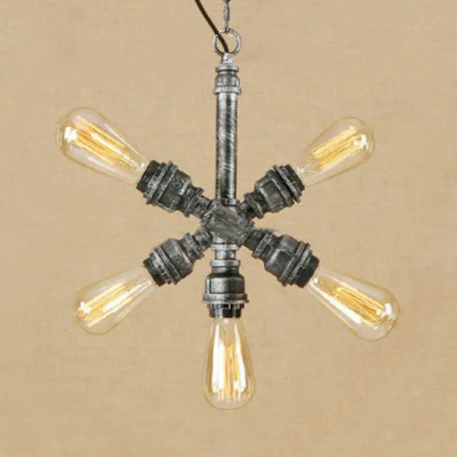 Aged Silver Industrial Style Open Bulb Chandelier With 5 Lights