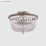 Aged Silver Semi Flush Mount Light Fixture With Crystal Strand Basket