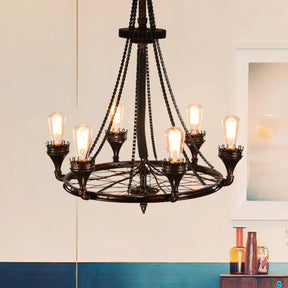 Alniyat - Vintage Rust Wheel Chandelier Pendant Light Industrial Metallic 6-Bulb Restaurant