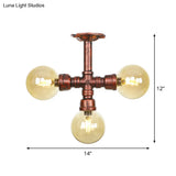 Amber Glass Copper Semi Flush Light Sphere Led Ceiling Fixture - Farmhouse Style