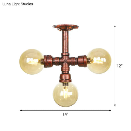 Amber Glass Copper Semi Flush Light Sphere Led Ceiling Fixture - Farmhouse Style