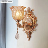 Amber Glass Floral Wall Light - Traditional Single Bulb Sconce Lighting In Gold