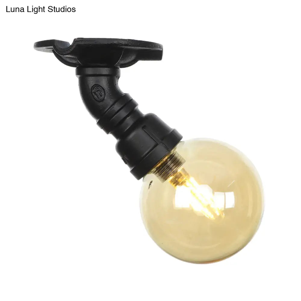 Amber Glass Semi Flush Industrial Ceiling Lamp - Global Black Finish