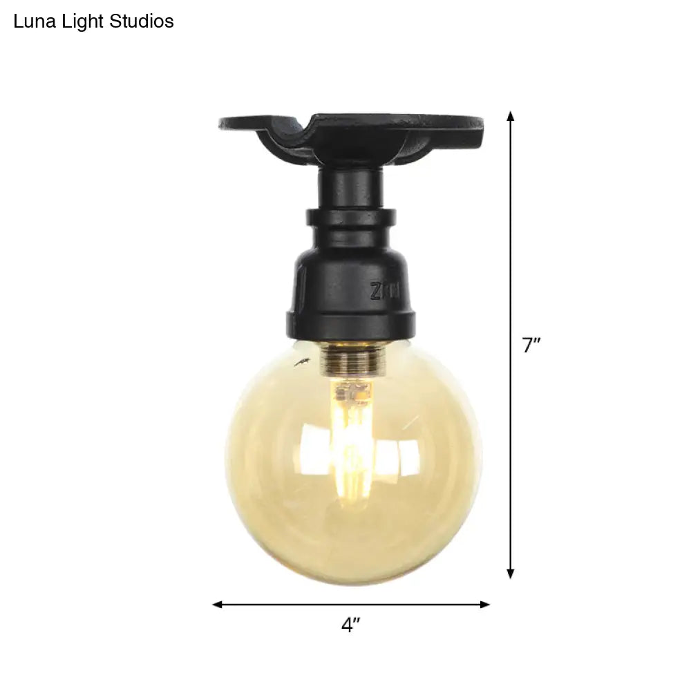 Amber Glass Semi Flush Industrial Ceiling Lamp - Global Black Finish