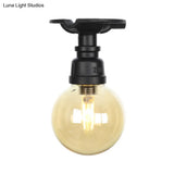 Amber Glass Semi Flush Industrial Ceiling Lamp - Global Black Finish