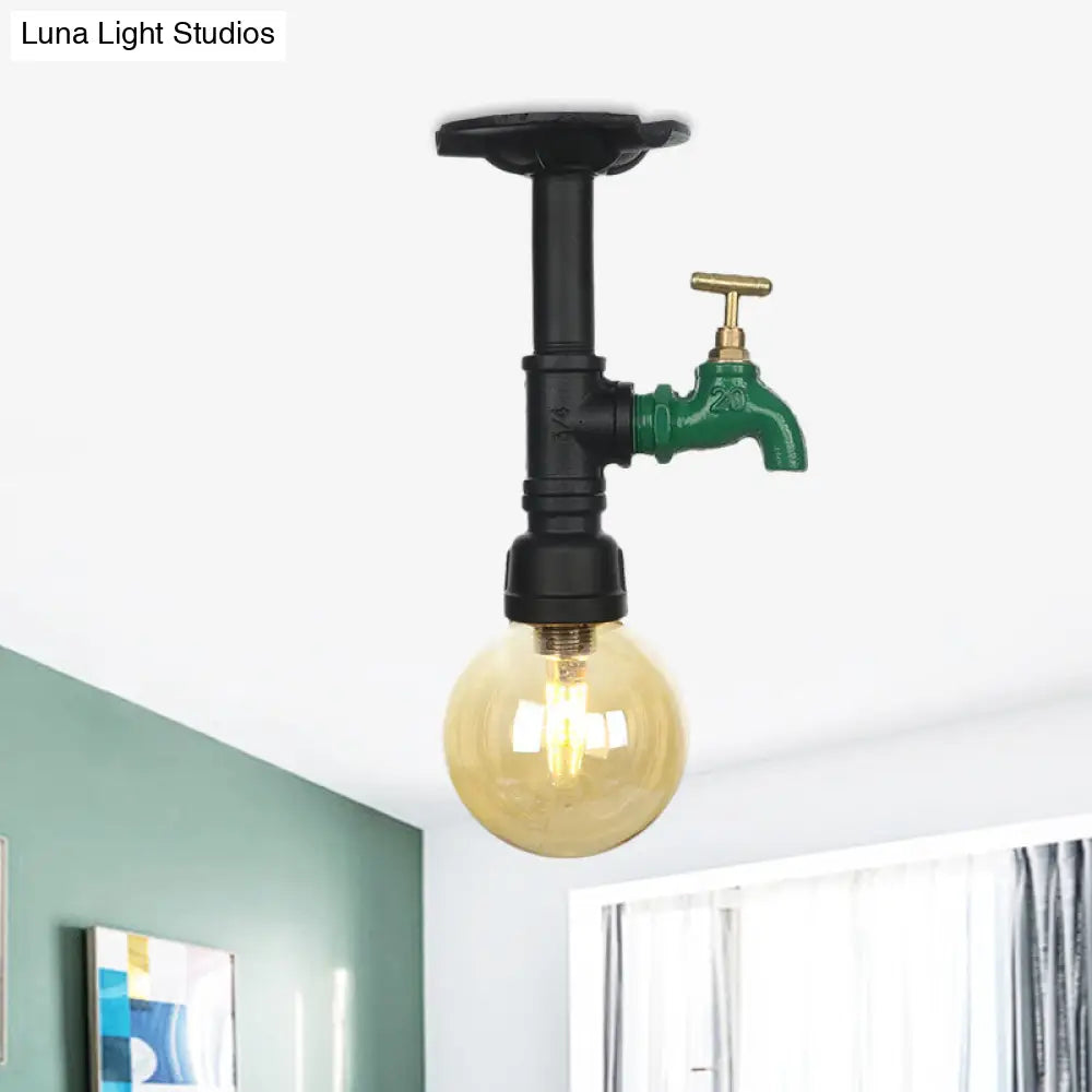 Amber Glass Semi Flush Industrial Ceiling Lamp - Global Black Finish
