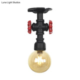 Amber Glass Semi Flush Industrial Ceiling Lamp - Global Black Finish